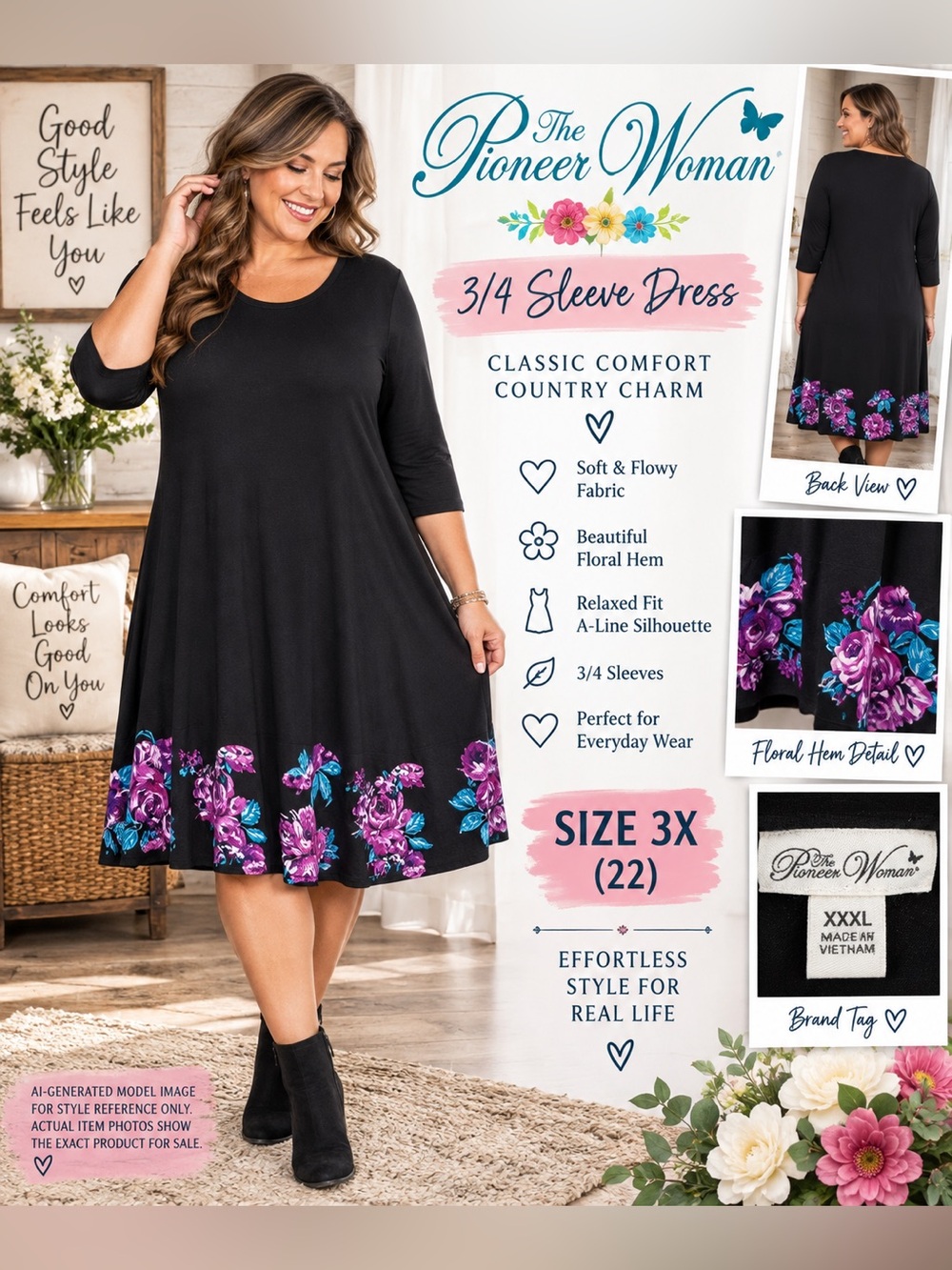THE PIONEER WOMAN BLACK FLORAL HEM DRESS • 3X/22